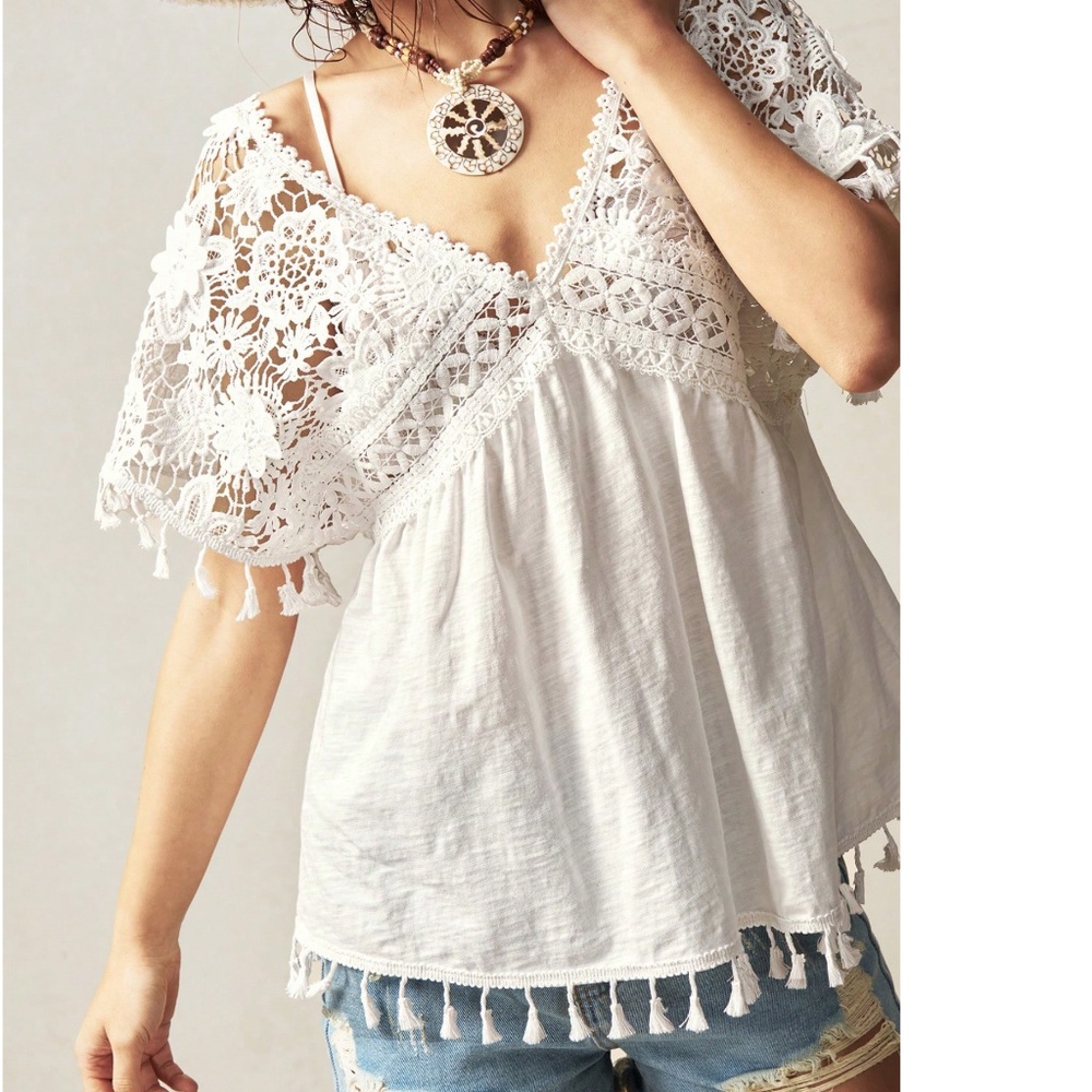 Boho White Cotton Floral Embroidered Tassel Detail Blouse